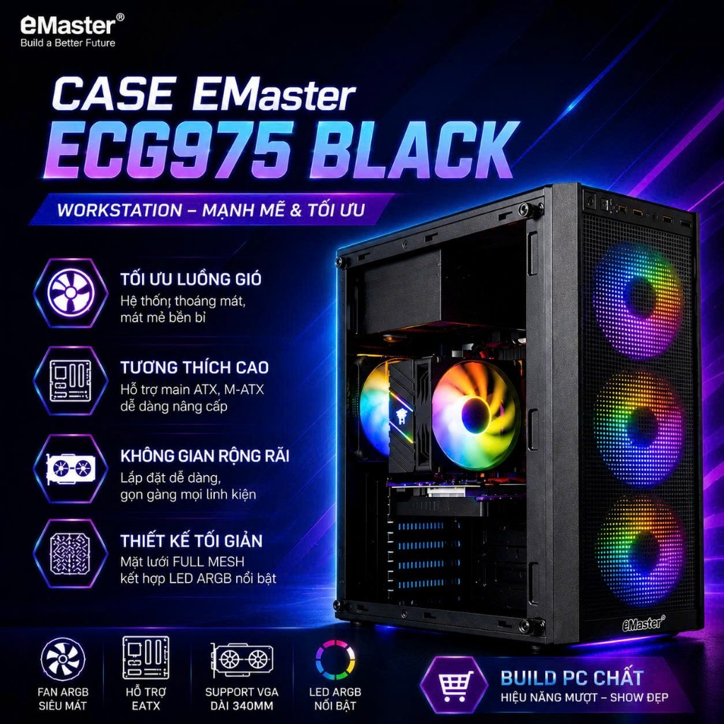 Vỏ case ECG975 ĐEN lắp MAIN X99 DUAL - EATX ATX M-ATX mặt lưới kính hông