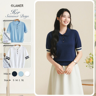 Áo Kiểu Nữ Len Dệt Kim Ngắn Tay Mùa Hè LAMER FASHION Cổ Bẻ Phối Gấu Kẻ Trẻ Trung HSD O61W26Q013
