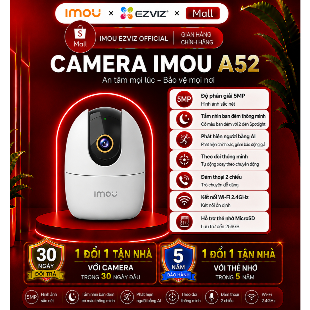 Camera  Imou A52, độ phân giải 3K-5MP điều khiển quay 360 độ kết hợp báo động còi hú