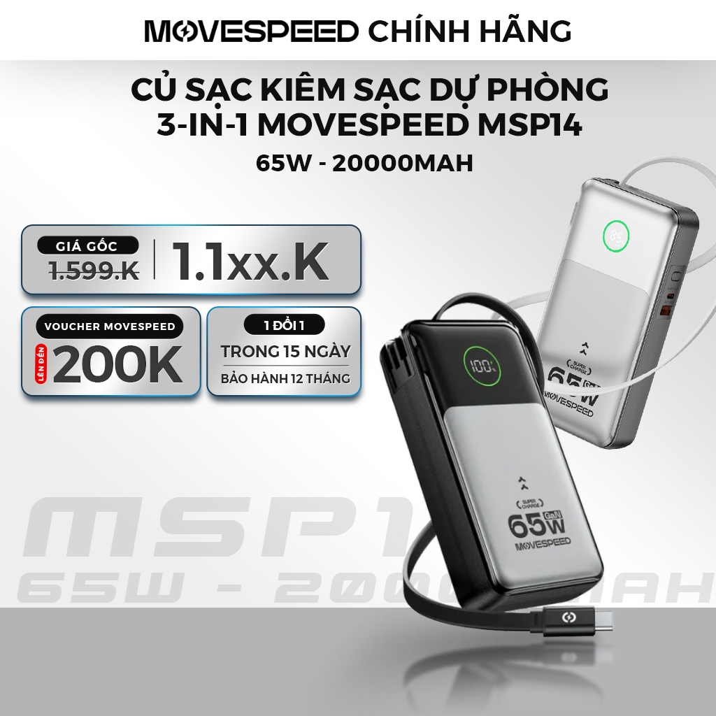 Sạc dự phòng Movespeed MSP14 20000mAh 65W | Sạc laptop iOS Android | Cáp tích hợp | Bảo hành chính h