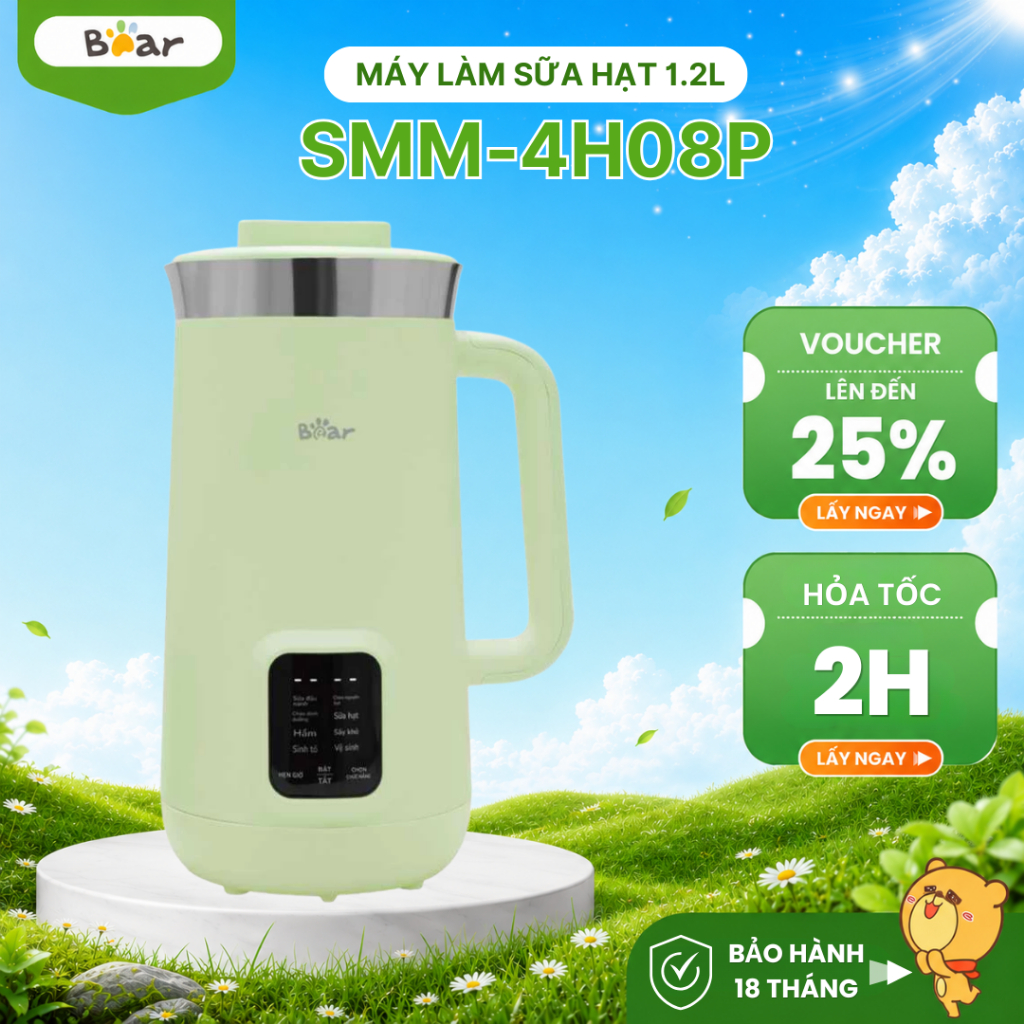 Máy Làm Sữa Hạt 1.2 Đa Năng SMM-4H08P (DJJ-E08R1), 10 Cánh Lưỡi Xay Nhuyễn, Xay Sinh Tố, BH 18 Tháng