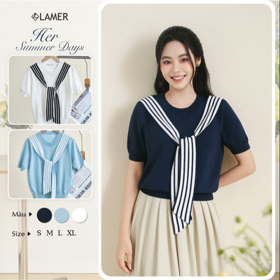 Áo Len Dệt Kim Ngắn Tay Mùa Hè LAMER Bo Gấu Phối Khăn Kẻ Liền Công Sở Trẻ Trung HSD O61W26Q012