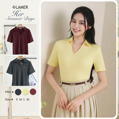 Áo Kiểu Nữ LAMER FASHION Dáng Ôm Cổ Bẻ Áo Thun Thêu Chữ Cotton Công Sở HSD O61S25H004
