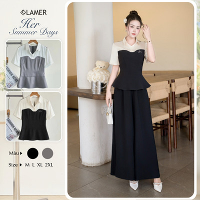 Áo Kiểu Nữ LAMER FASHION Công Sở Peplum Chiết Eo Phối Quần Công Sở Nữ Ống Rộng Chun Sau HSD O61B25Q003 O64W25Q003