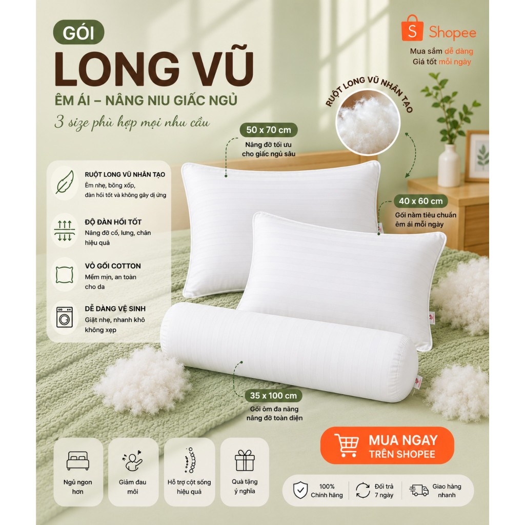 RUỘT GỐI LONG VŨ THẮNG LỢI CAO CẤP , 50X70 , 40X60, 35X100 ÊM ÁI MỀM MẠI THOÁNG KHÍ