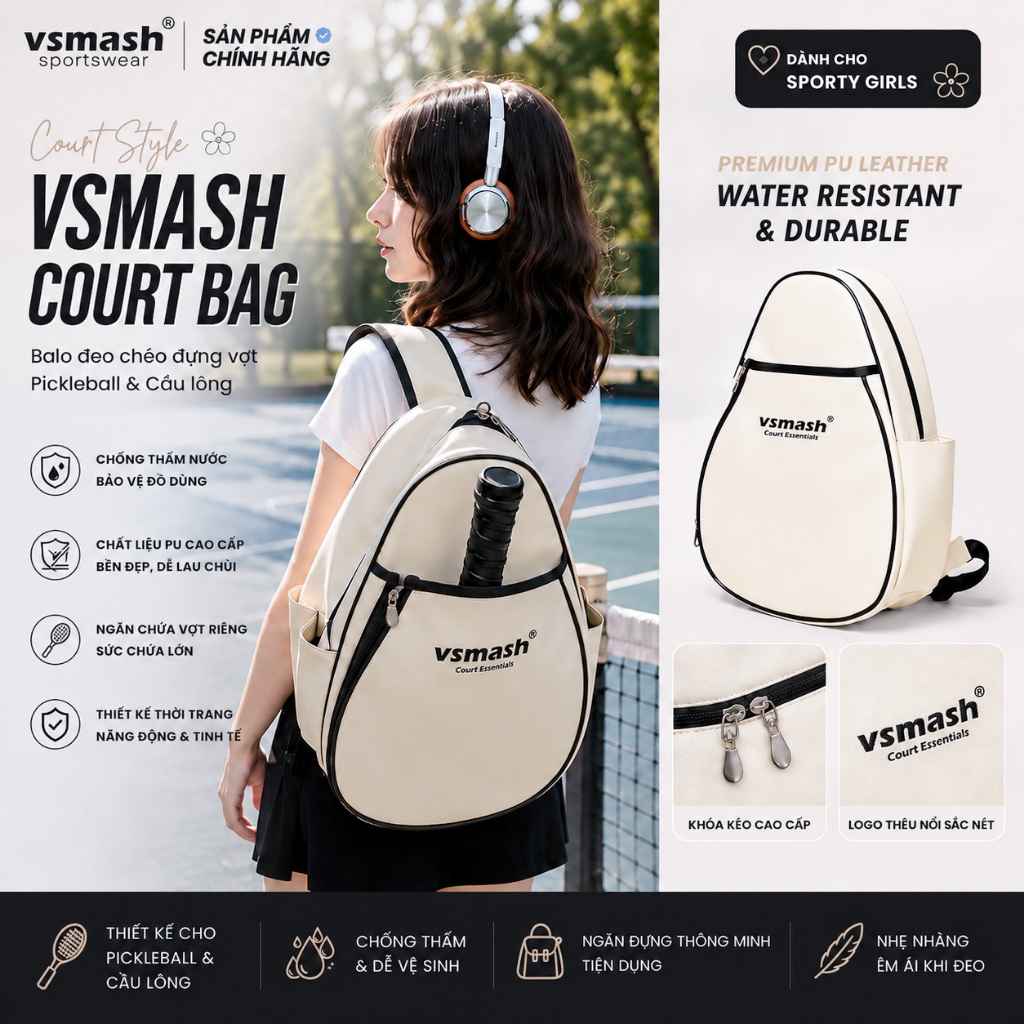 Balo đeo chéo đựng vợt Pickleball Cầu lông Vsmash Sportswear, Chất liệu da PU Cao Cấp Chống Nhăn Chố