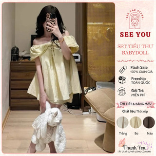 Set Tiểu Thư See You Áo Babydoll Trễ Vai Nơ Ngực & Quần Short Vải Thô Mát Đi Chơi,Hẹn Hò Ulzzang Kiểu Hàn Quốc Ảnh Thật