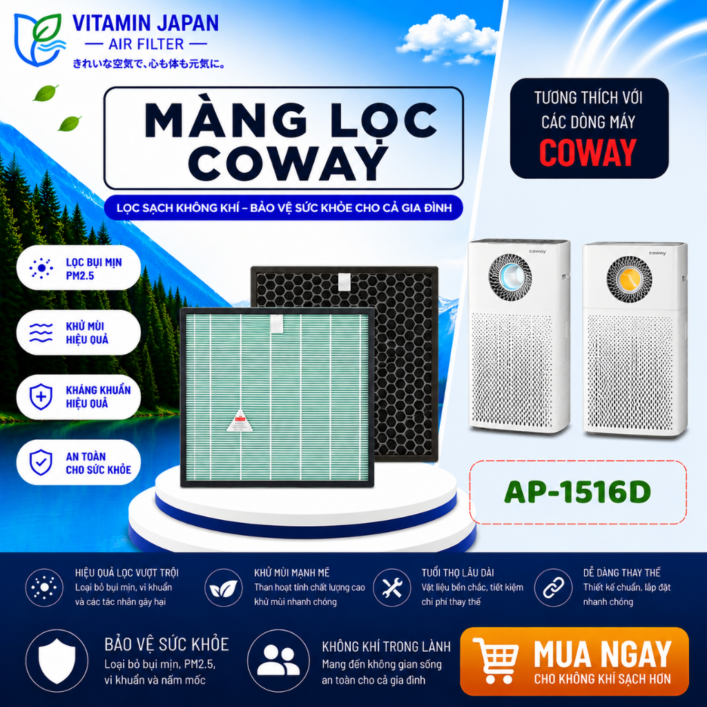 Màng Lọc Không Khí Coway Storm AP-1516D. Màng Lọc Hepa, Màng Lọc Than Hoạt Tính