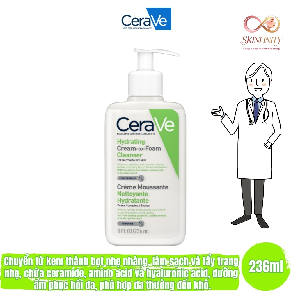 Sữa Rửa Mặt CeraVe Dạng Kem Tạo Bọt Cho Da Thường, Khô Hydrating Cream-to-Foam Cleanser 236ml