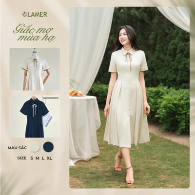 Đầm Công Sở Dáng Xòe LAMER FASHION Cộc Tay Trang Trí Nơ Cổ Thanh Lịch GMMH O63L26H010 SPK