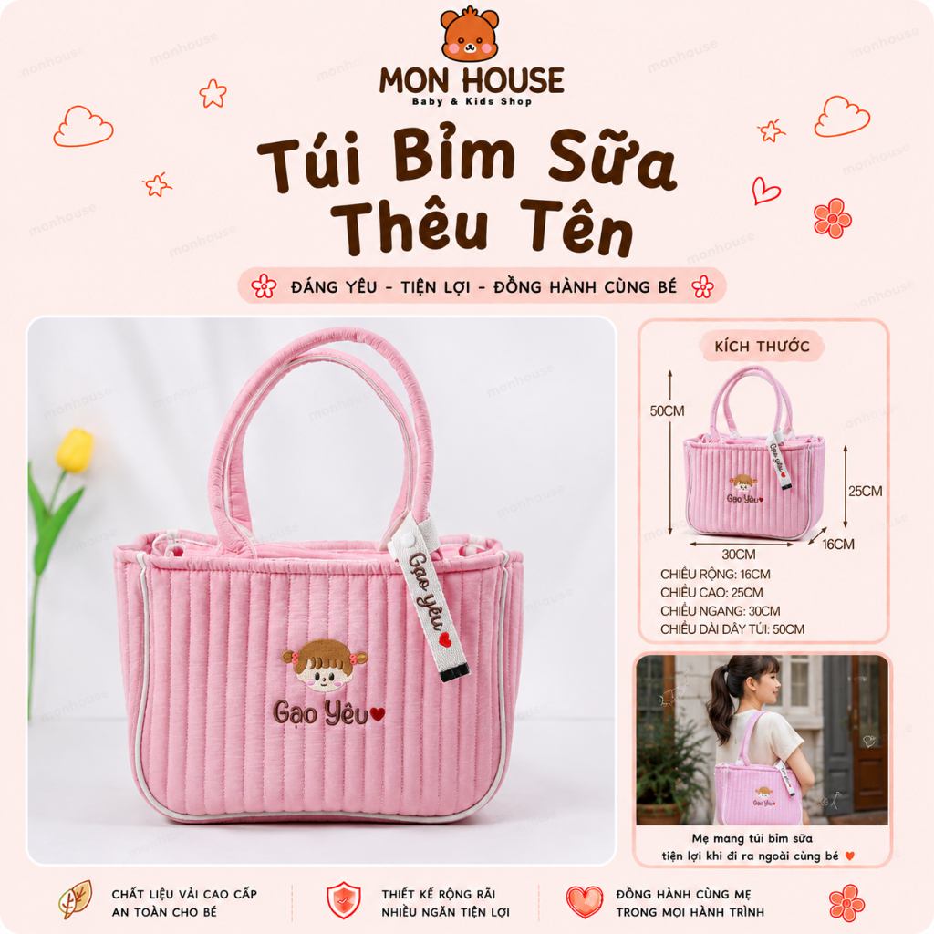 [ THÊU TÊN ]Túi bỉm sữa thêu tên theo yêu cầu, tặng name tag , Túi xách cho mẹ, túi bỉm sữa vải chần