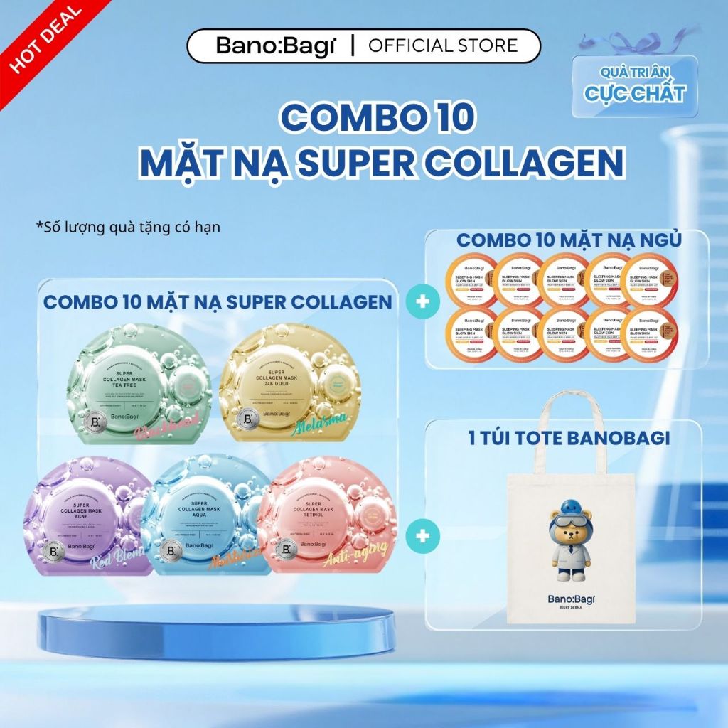 [TẶNG 10 MẶT NẠ NGỦ + TÚI TOTE BANOBAGI] COMBO 10 Miếng Mặt Nạ BANOBAGI Super Collagen Hỗ Trợ Dưỡng 