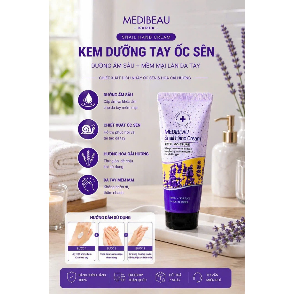 Kem Dưỡng Tay Hàn Quốc MEDIBEAU – Dưỡng Ẩm, Mềm Da, Thấm Nhanh, Không Nhờn Rít
