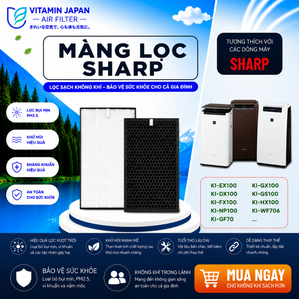 Màng Lọc Không Khí Sharp:KI-EX100,KI-DX100,KI-FX100,KI-GX100,KI-GS100,KI-HX100,...