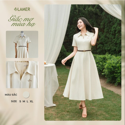 Đầm Xòe Công Sở LAMER FASHION (KHÔNG KÈM ĐAI )Dáng Dài Cộc Tay Thêu Ngực Thanh Lịch, Sang Trọng GMMH O63L26H008 SPK