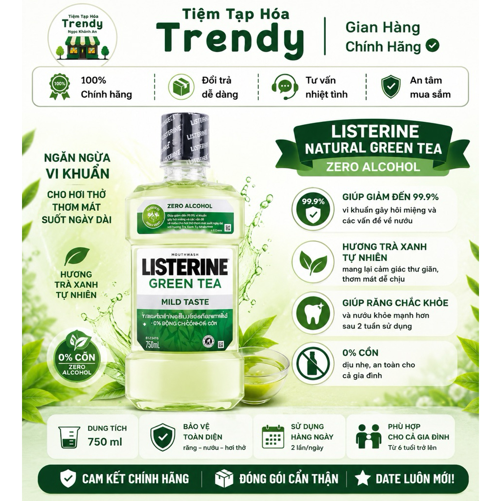 [SL CÓ HẠN] Nước Súc Miệng Trà Xanh Listerine Natural Greentea Zero Alcohol Listerine 750ml