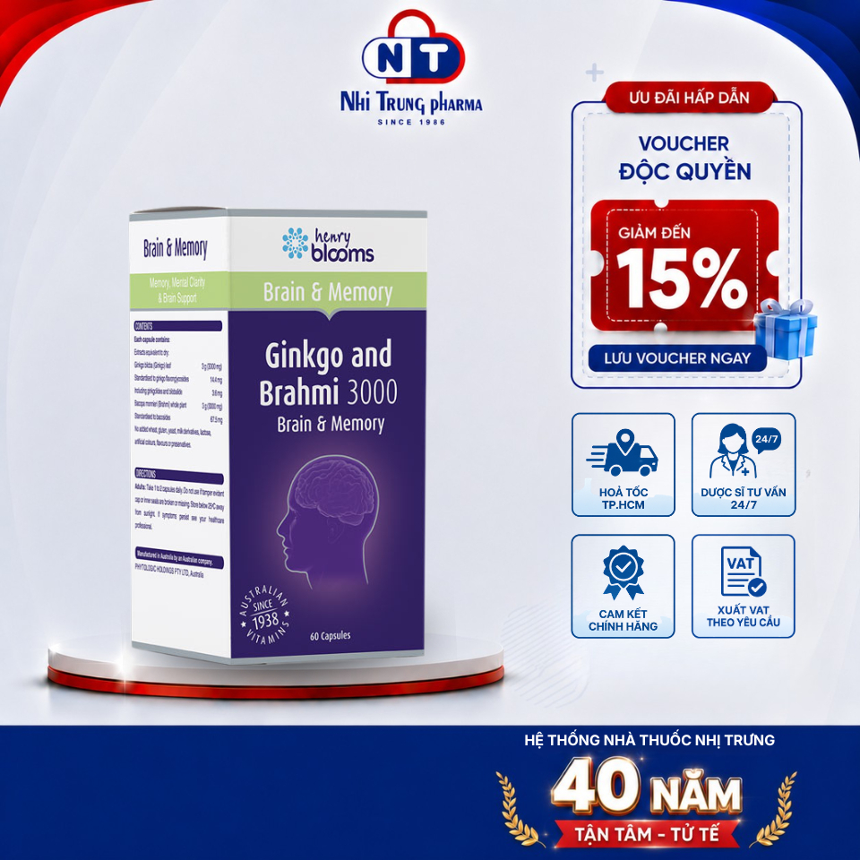 [HỎA TỐC HCM] Henry Blooms Ginkgo and Brahmi 3000 – Hỗ Trợ Trí Nhớ, Tuần Hoàn Não - Hộp 60v