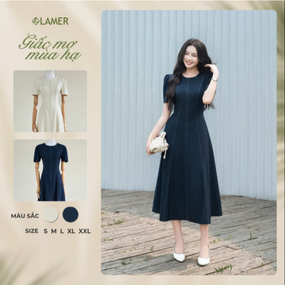 Đầm Công Sở Dáng Xòe LAMER FASHION Bổ Mảnh Ôm Dáng Cộc Tay Diễu Chỉ Trang Trí Công Sở GMMH O63L26H006
