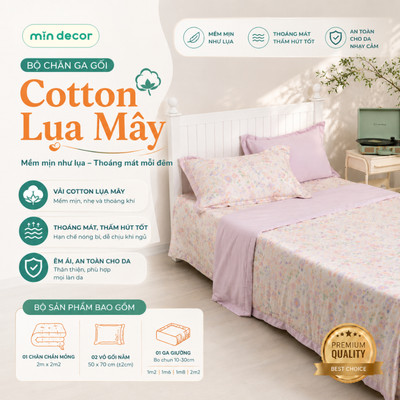 Bộ Chăn Ga Gối Cotton Lụa Mây Mịn Decor, Chăn Drap Nệm Cao Cấp Đủ Size, Mềm Mại,Thoáng Mát