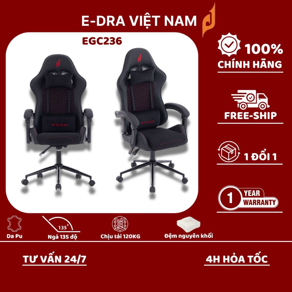 Ghế Gaming EDRA Citizen EGC236, khung hợp kim, chân thép chịu tải 120Kg. Bảo hành chính hãng 1 năm