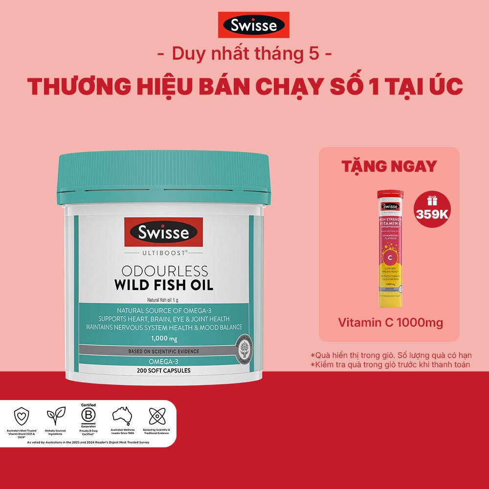 Viên dầu cá Swisse Ultiboost Odourless Wild Fish Oil 1000mg