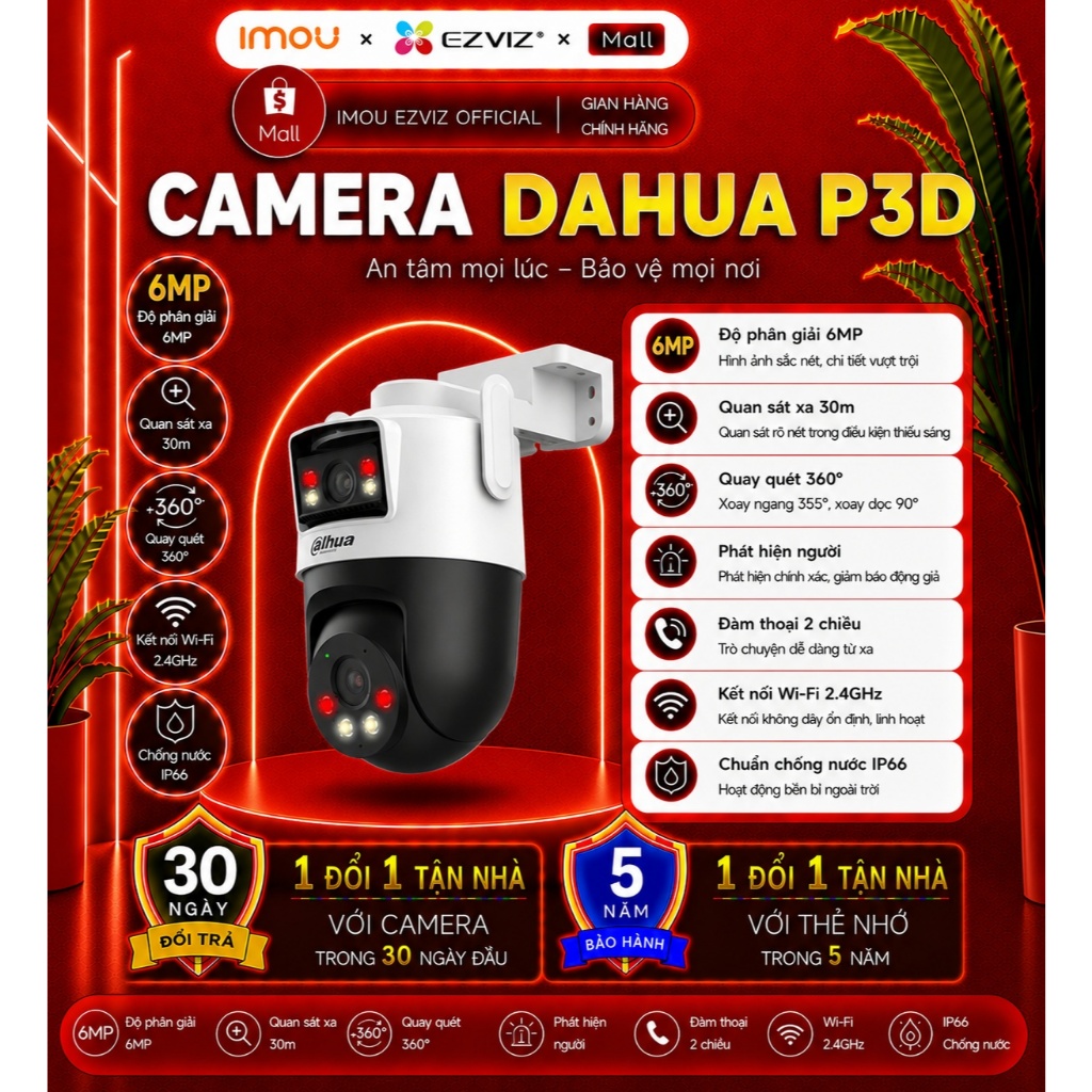 Camera DAHUA 2 MẮT P3D (6MP), P5D (10MP), xoay 360, đàm thoại 2 chiều, cảnh báo còi, ban đêm có màu