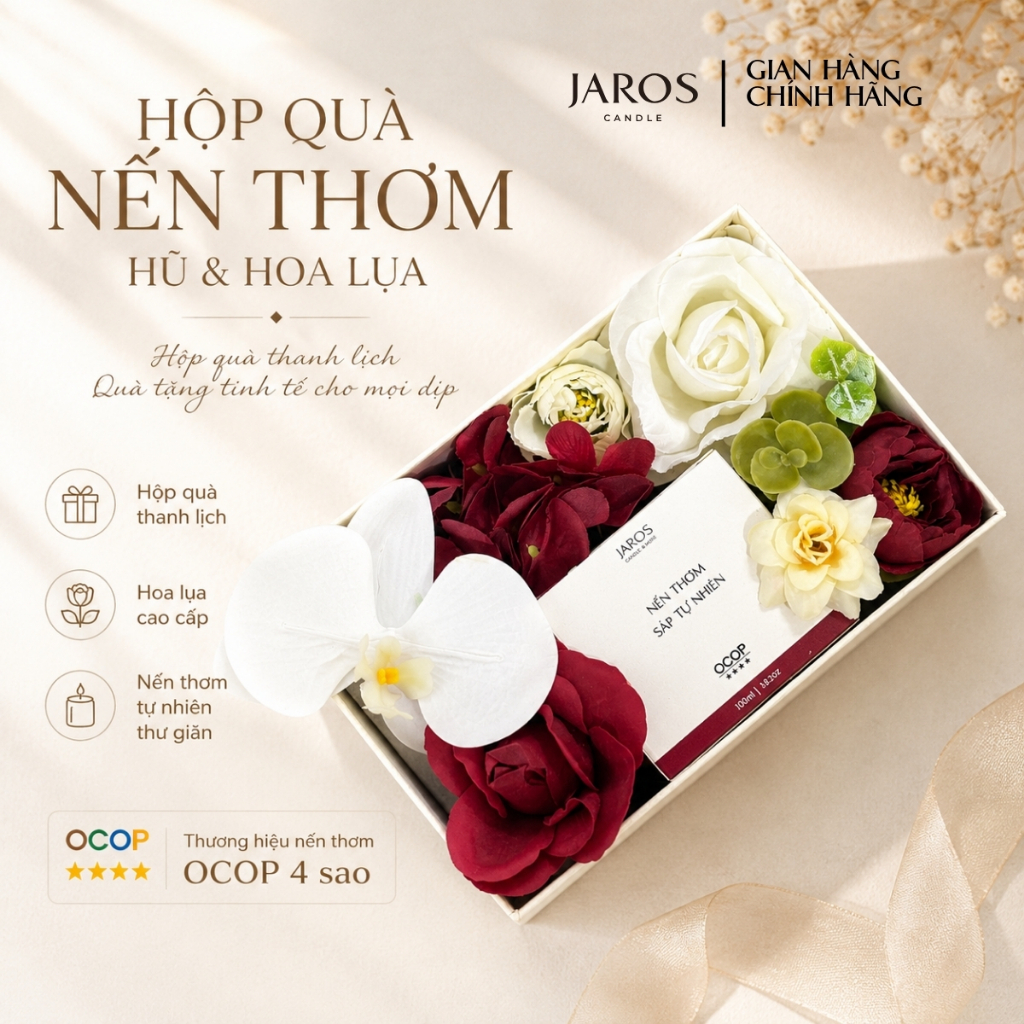 [Tặng Thư Viết Tay] Set Quà Tặng Nến Thơm Sáp Tự Nhiên JAROS CANDLE Lành Tính Kèm Hoa Lụa