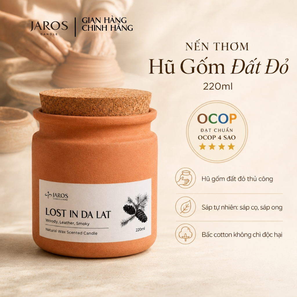 Nến Thơm Sáp Hũ Gốm Đỏ Truyền Thống JAROS CANDLE Mùi Hương An Toàn, Dễ Chịu OCOP 4 Sao 220ml