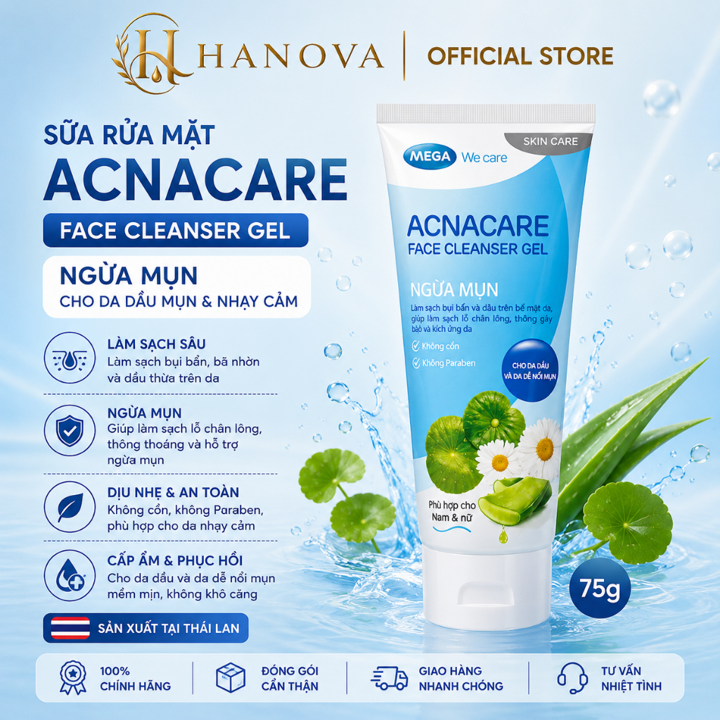 Sữa Rửa Mặt Acnacare Face Cleanser Gel Cho Da Dầu Mụn Và Nhạy Cảm Tuýp 75g