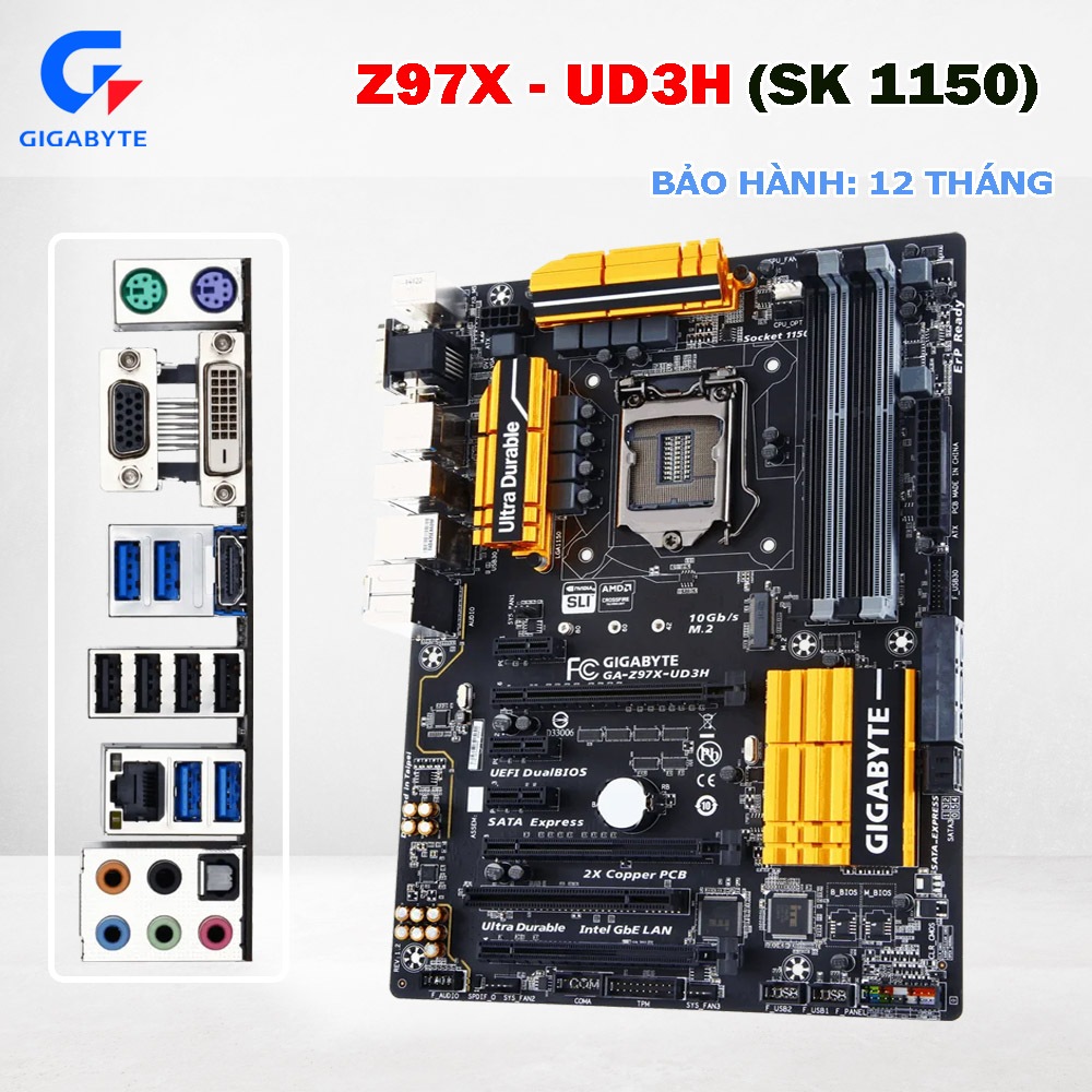 Main GIGA Z97X-UD3H. Socket 1150 ép xung DDR3 ATX 4 Khe RAM Hỗ Trợ i3 i5 i7 Xeon V3 Gaming. zin đẹp.