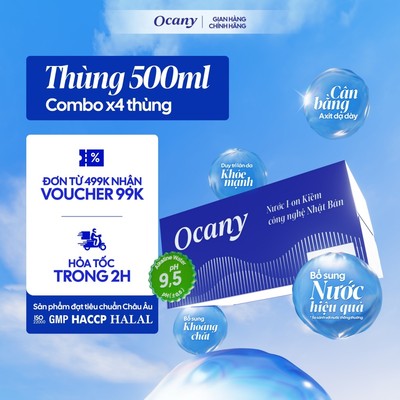 Combo 4 thùng 24 chai nước ion kiềm Ocany chai 500ml, giúp bù khoáng, trung hòa axit, hỗ trợ tiêu hóa