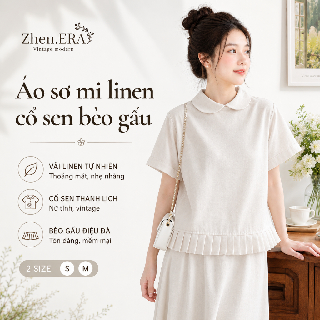 Áo Nữ Kiểu Linen Nữ Tay Ngắn Cổ Sen Viền Xếp Ly Nữ Tính - ZhenERA AK06