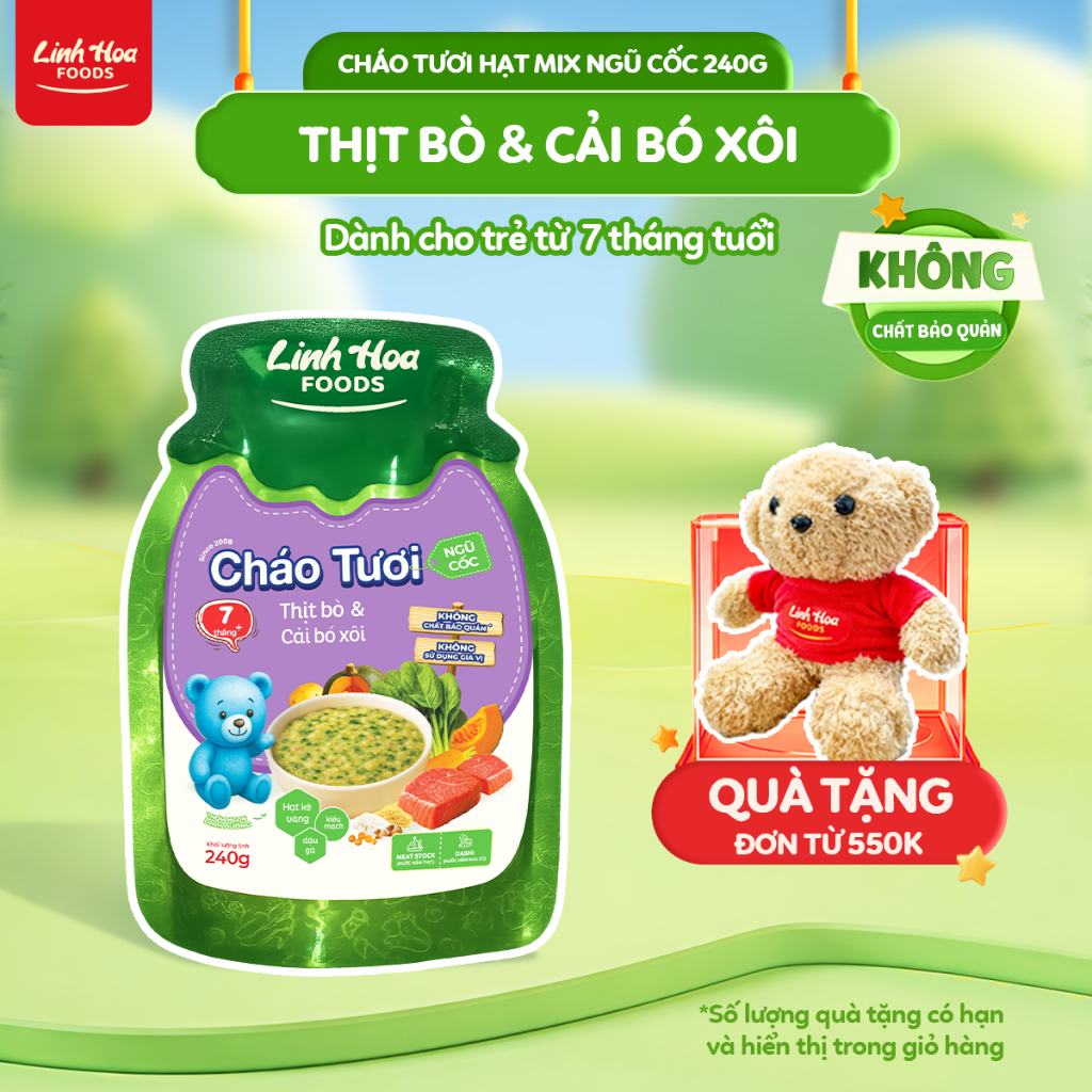 [7m+] Cháo Tươi Ngũ Cốc Thịt Bò & Cải Bó Xôi 240g - Không Gia Vị