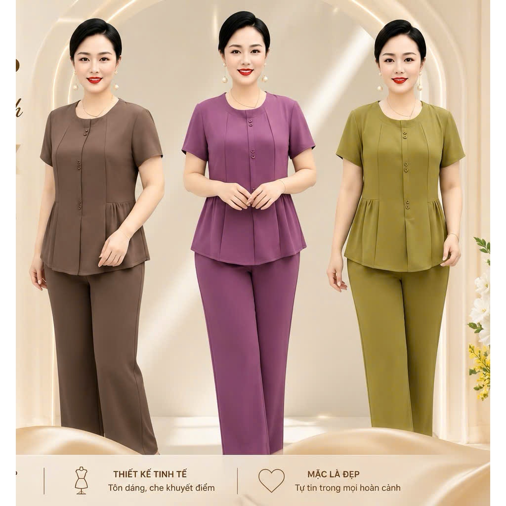 Đồ bộ trung niên nữ cho mẹ mặc nhà chất đũi thái cao cấp mã ST35