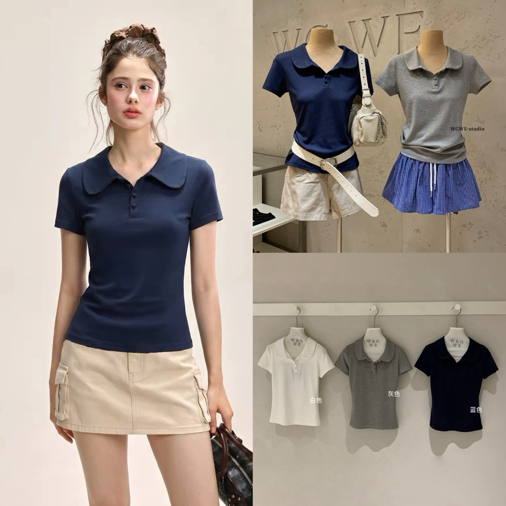 𝑵𝑯𝒀.𝒔𝒕𝒖𝒅𝒊𝒐 /WGWE/ Áo polo cổ sen cúc bọc kiểu dáng basic #9736