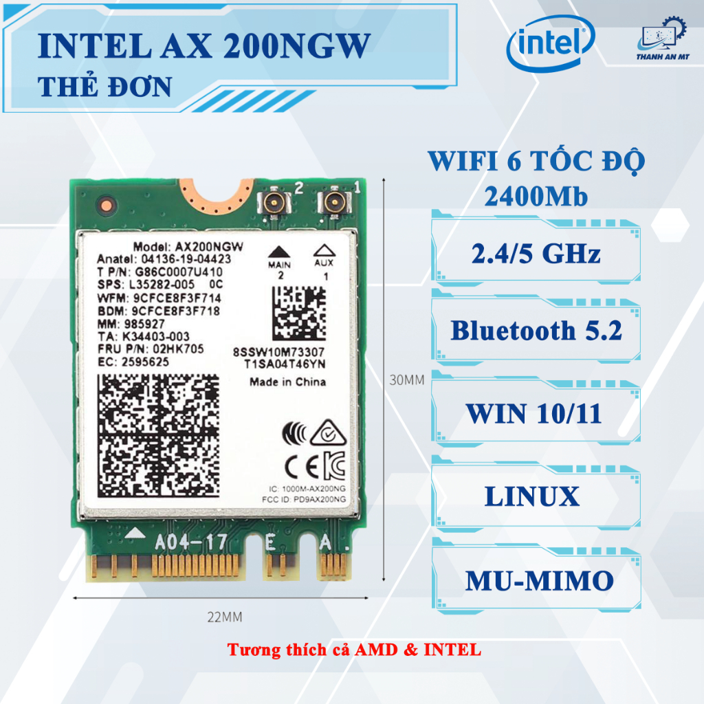 Card WiFi Intel AX200 WiFi 6 Bluetooth 5.2 | Tốc độ cao cho Laptop & PC