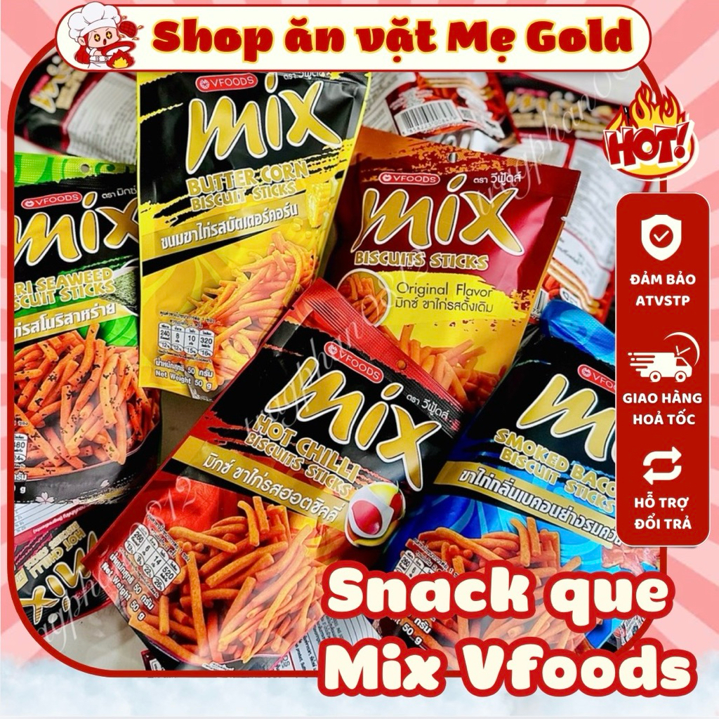 [Bịch 6 gói] Snack que Mix Thái Lan các vị, bim tăm que Mix Vfoods, sỉ đồ ăn vặt