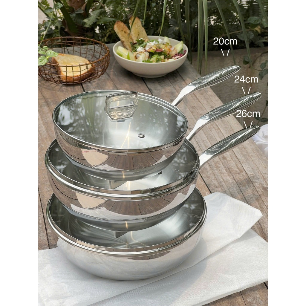 Chảo đúc inox316 nguyên khối 5 lớp Premium Kaiyo sâu lòng kèm vung kính size 20cm/24cm/26cm