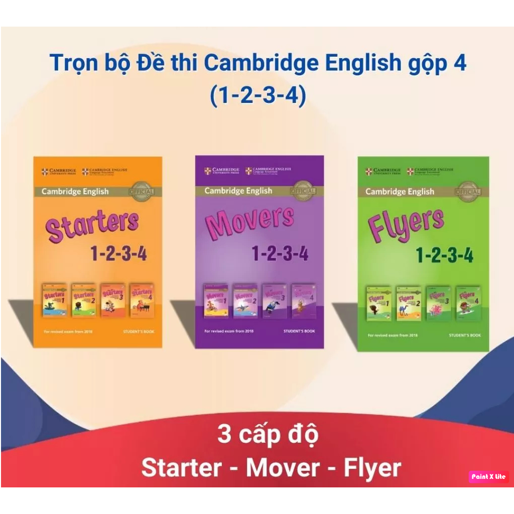 Sách - Cambridge: Starters, Movers, Flyers in gộp 1-2-3-4 khổ B5 (Tặng file nghe MP3 và đáp án)