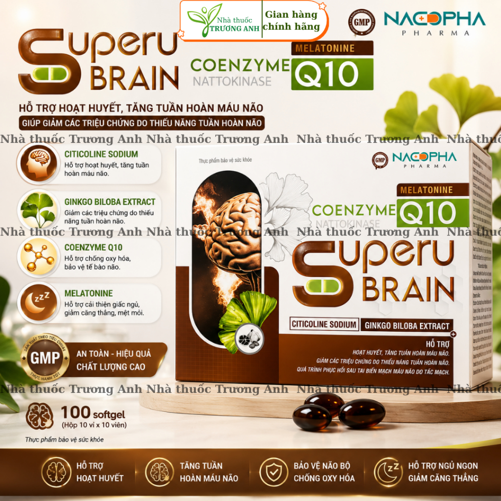 Viên uống bổ não Superu Brain. Ginkgo, Citicoline, Coenzym Q10, tăng lưu thông, tiền đình, đau mỏi v