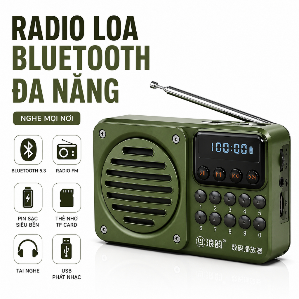 Radio FM C62 Bluetooth Không rè Không Nhiễu - Băng Tần FM, Kết nối bluetooth, thẻ nhớ, USB - Pin trâ