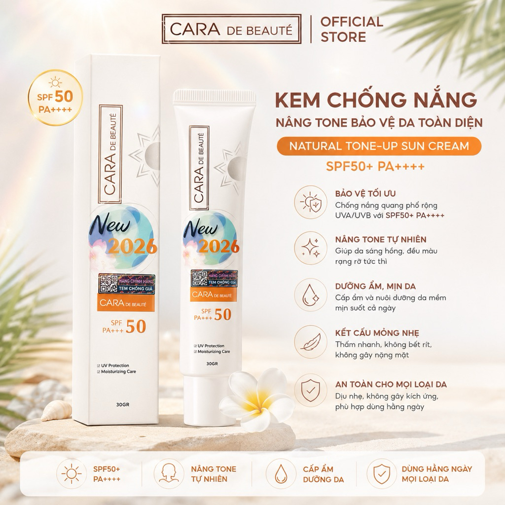 Kem Chống Nắng CARA DEBEAUTY SPF50+(mẫu mới 30ml) Nâng Tông, Bảo Vệ Da Toàn Diện.