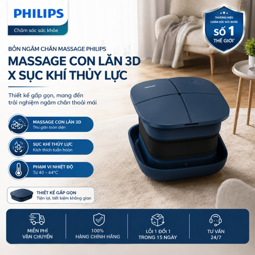 Bồn Ngâm Chân Massage PHILIPS Massage Con Lăn 3D, Sục Khí Thủy Lực, Công Suất 800W