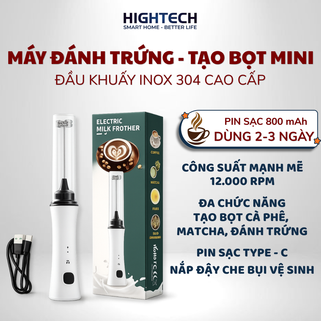Máy Đánh Trứng , Đánh Bọt Cà Phê , Khuấy Sữa Mini Cầm Tay HIGHTECH HT-CL13 (12.000 RPM - 800 mAh) - 