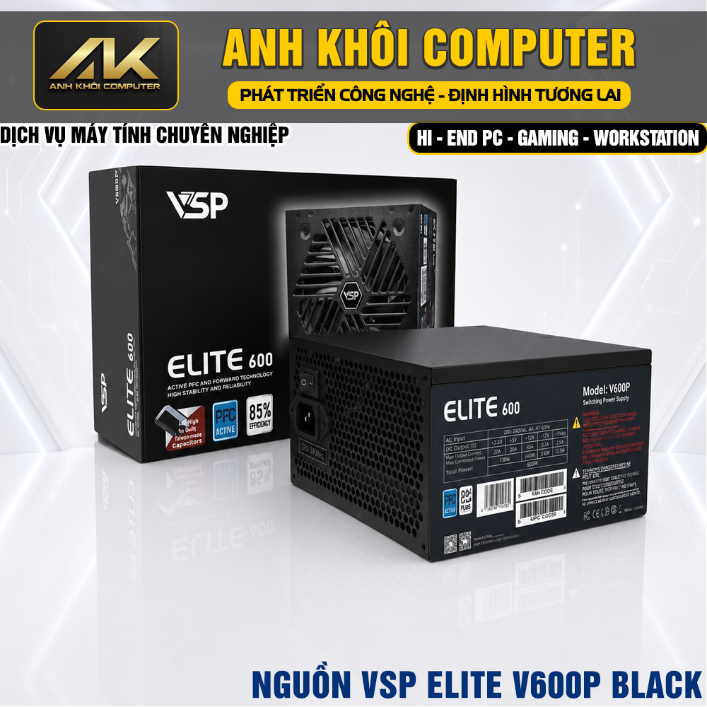 Nguồn Máy Tính VSP Elite V600P 600W Active PFC Fan 120mm Công Suất Thực