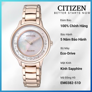 Đồng hồ nữ citizen eco-drive đính kim cương dây thép không gỉ em0382-51d - mặt xà cừ