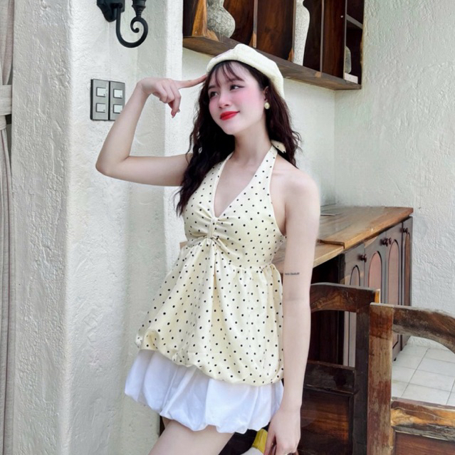 (Có Mút) Áo Yếm Chấm Bi Nhún Ngực Form Bí Xoè Lưng Chun co giãn | BigBuy360 - bigbuy360.vn