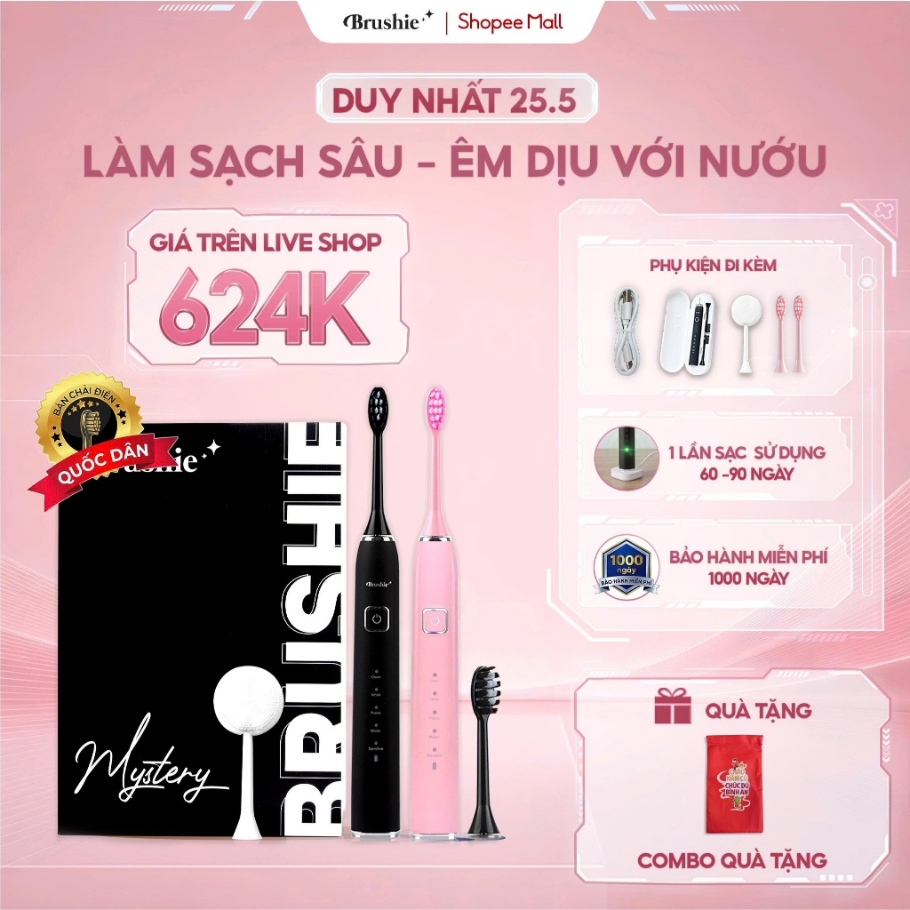 Bàn chải điện Brushie Ultra - Đen, Trắng, Hồng, Xanh lá - IPX7, 42000 rung/phút