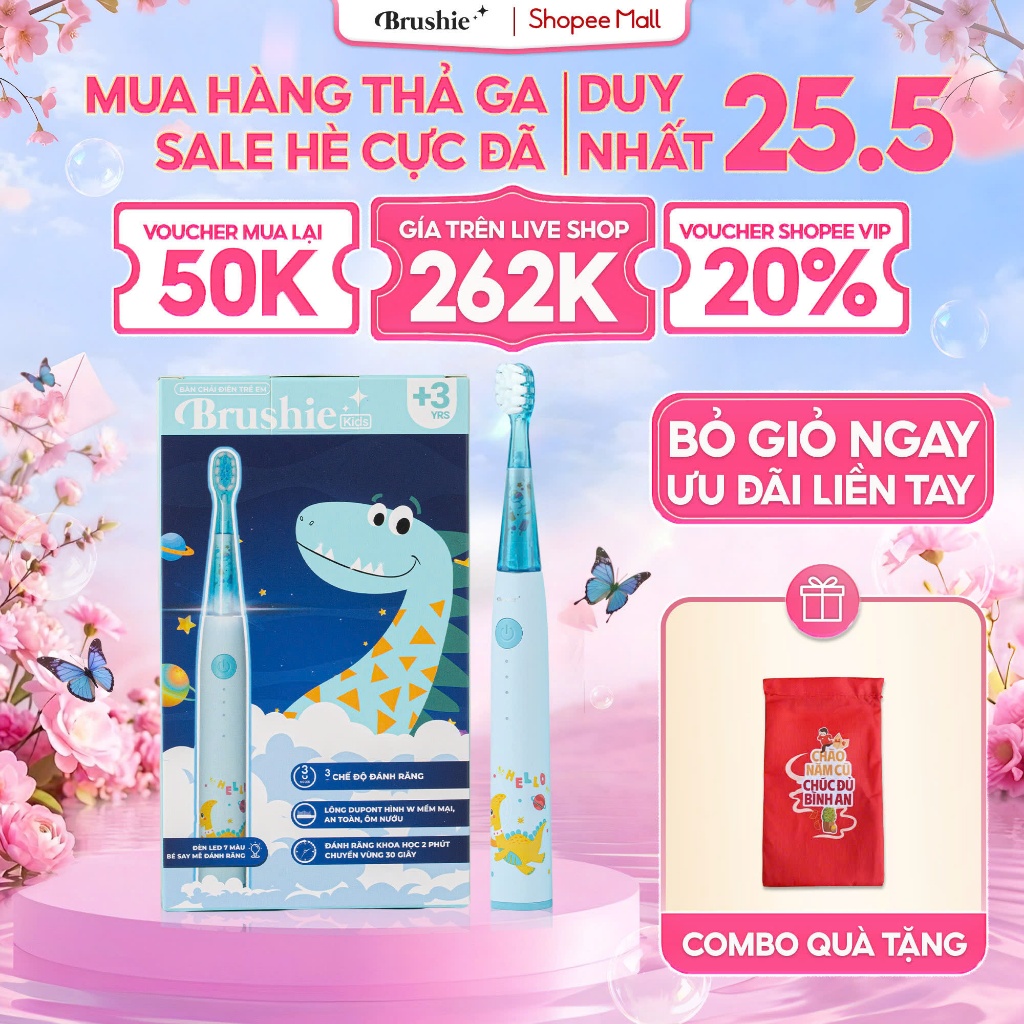 [GIÁ 302K TẠI LIVE SHOP] Bàn chải điện cho bé Brushie Kids 3 chế độ làm sạch, lông mềm cho răng nhạy