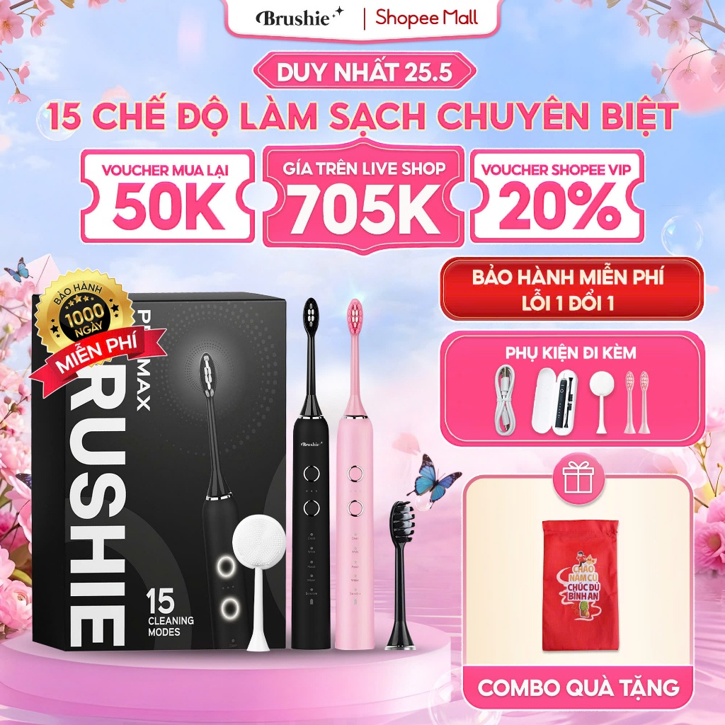 [GIÁ 637K LIVE ECOGO] Bàn chải điện Brushie Promax tích hợp 15 chế độ làm sạch, Làm sạch sâu loại bỏ